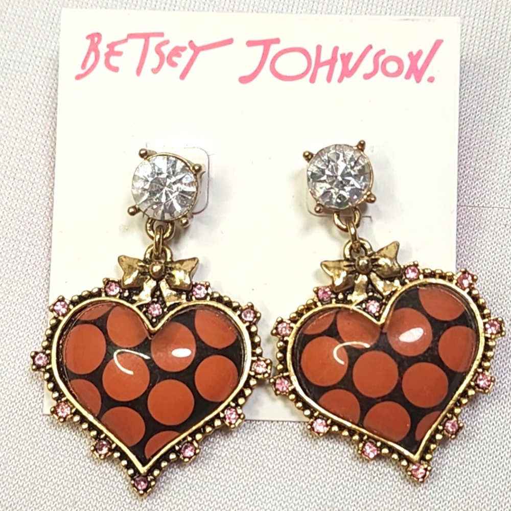 Betsey Johnson Heart-Shaped Pink and Brown Polka Dot Gold Earrings